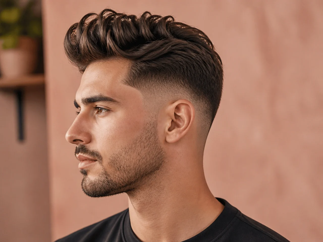 Modern quiff hairstyle with mid fade on straight hair