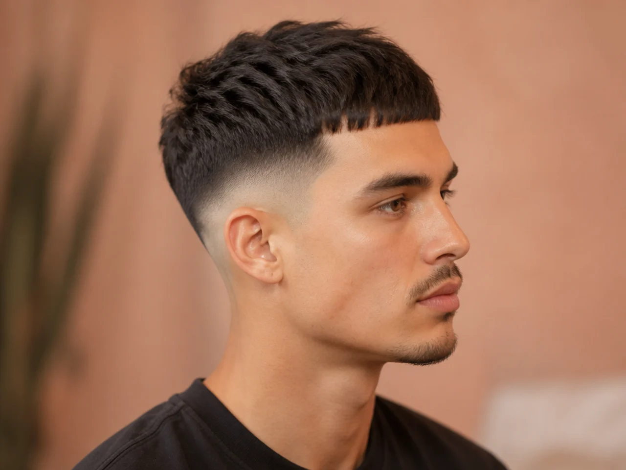 Edgar cut with blunt fringe and high skin fade on straight hair