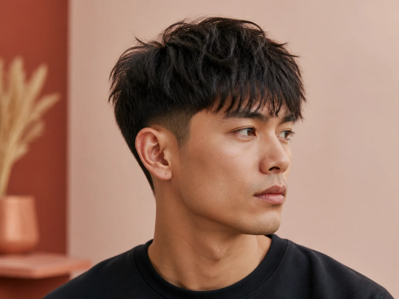 Messy textured fringe haircut with low taper on straight hair