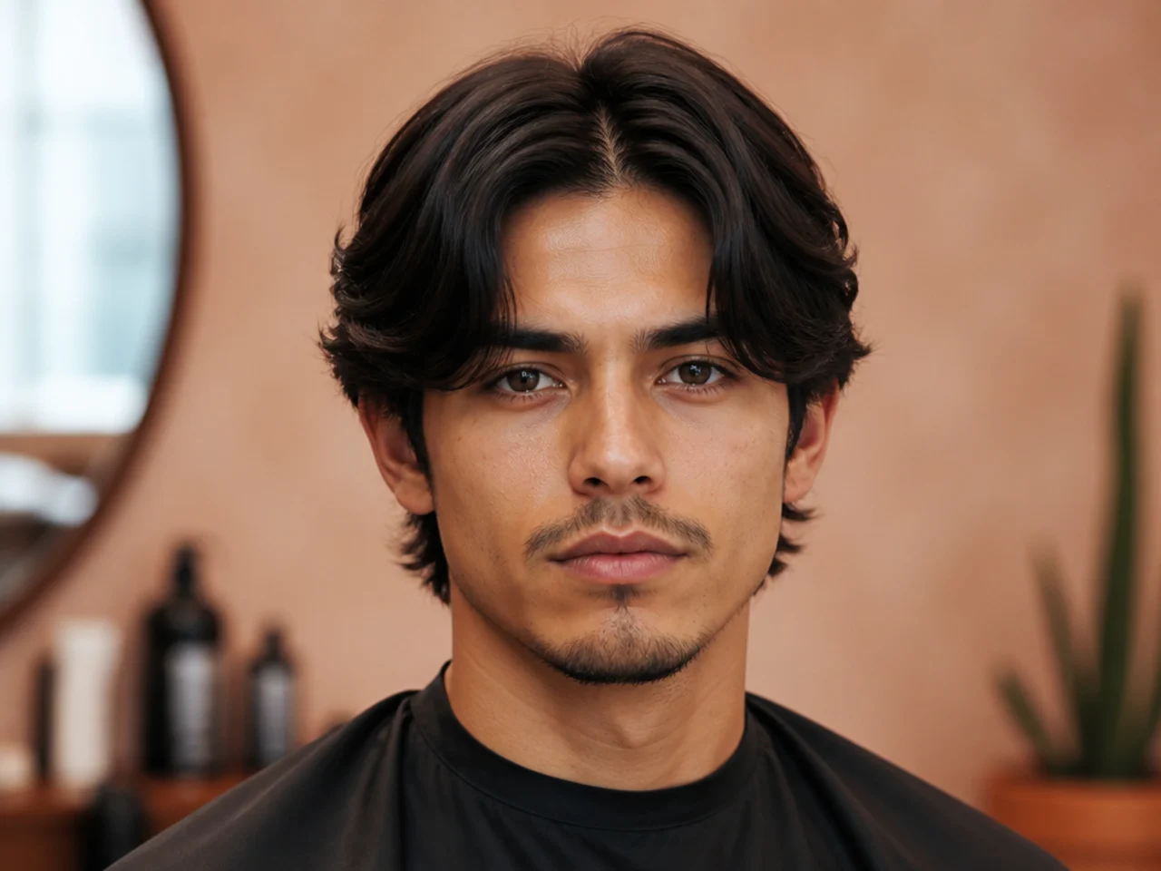 Peso Pluma middle part haircut with low taper fade on straight hair