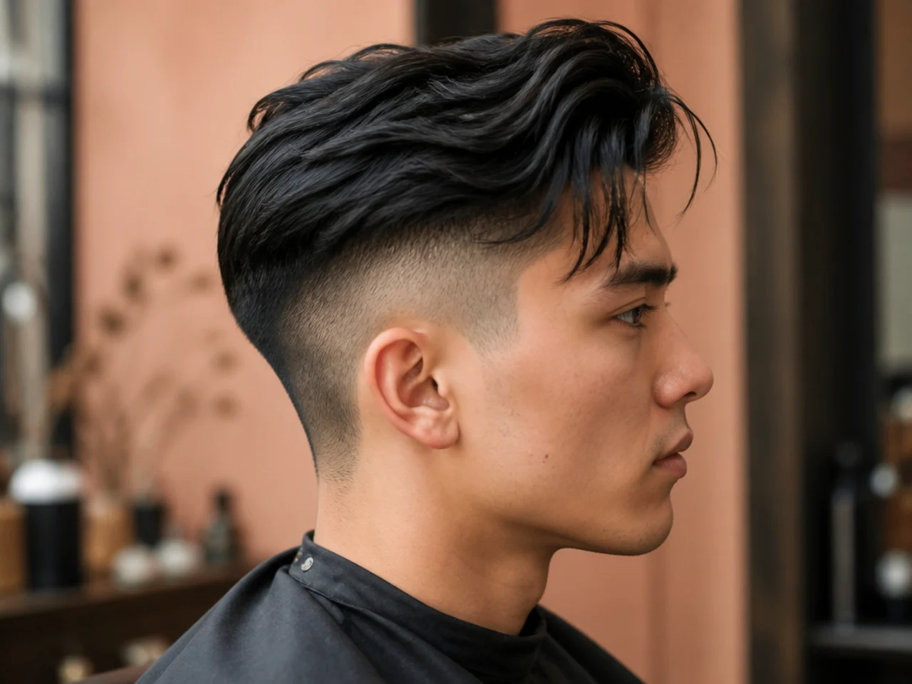 Disconnected undercut with long slicked-back top on straight hair