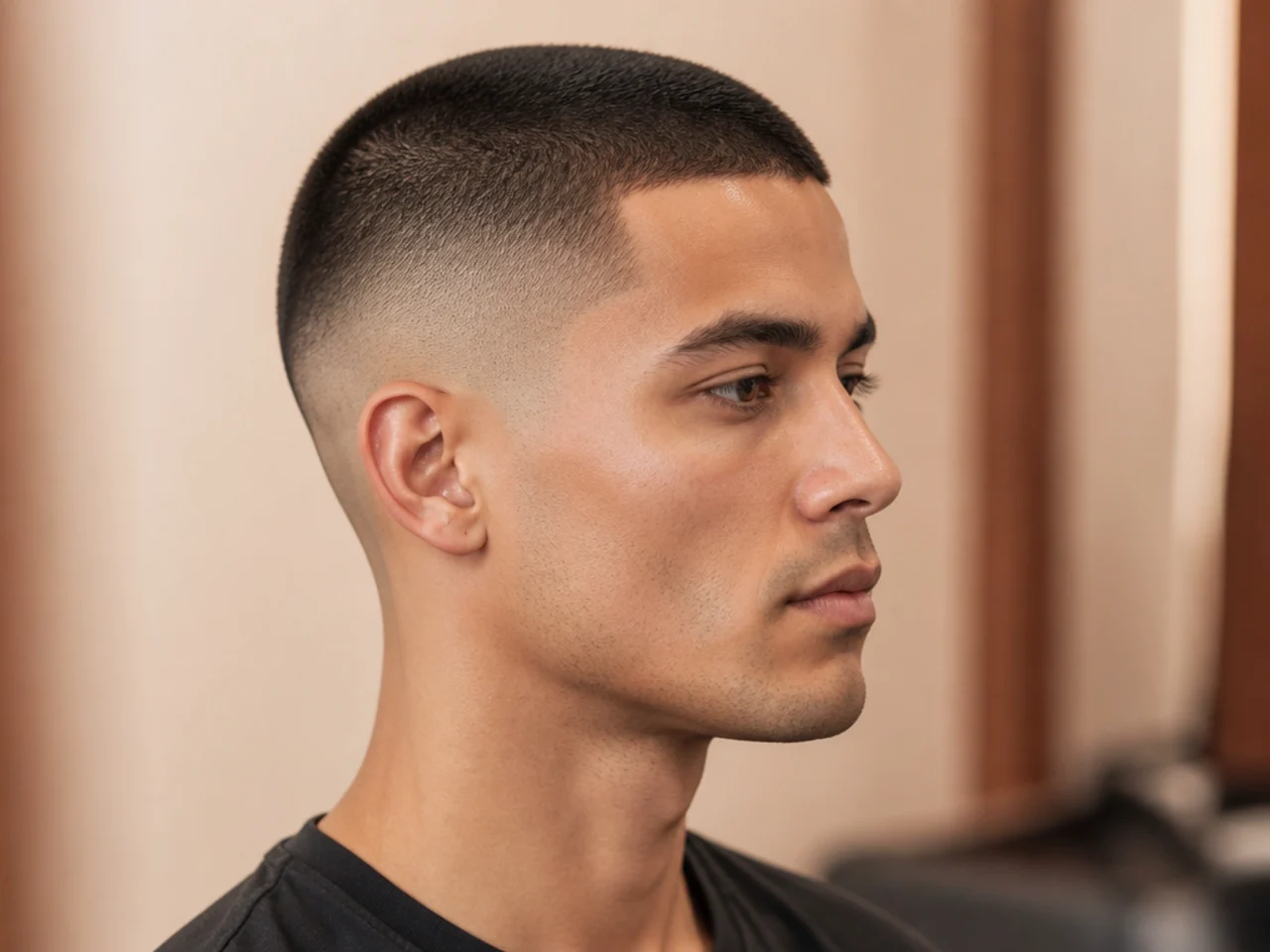 Buzz cut with clean skin fade on straight hair