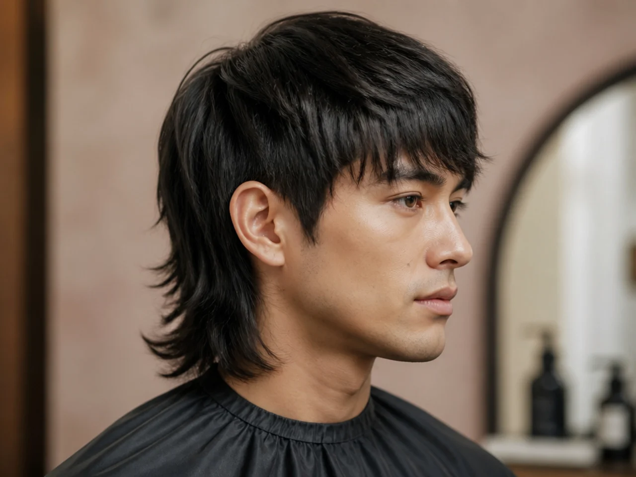 Modern mullet with mid taper fade on straight hair