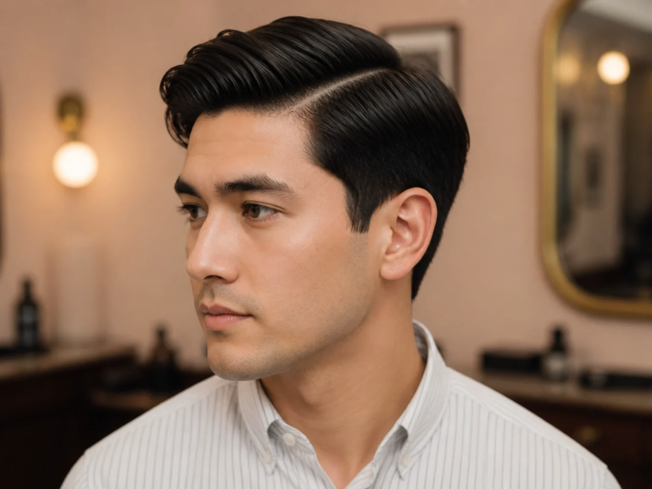 Classic Ivy League haircut with hard side part on straight hair