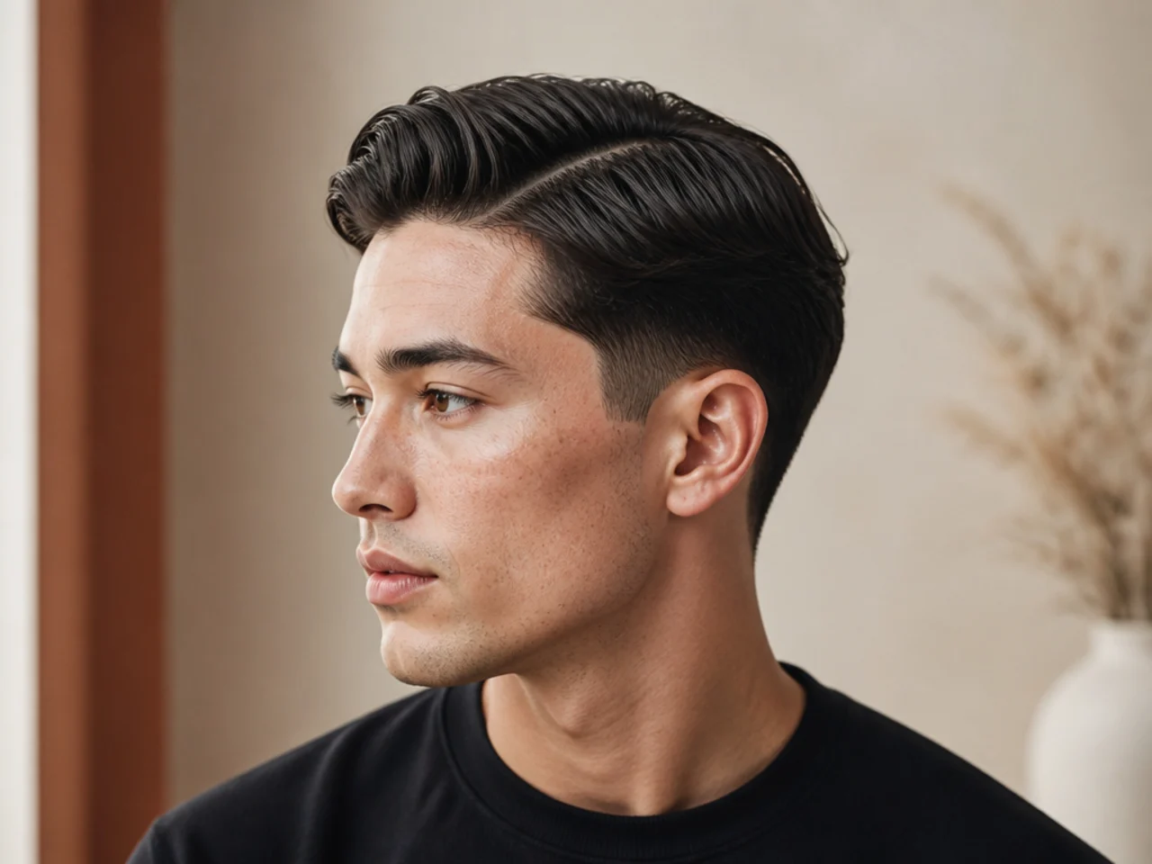 Modern side part haircut with low taper fade on straight hair