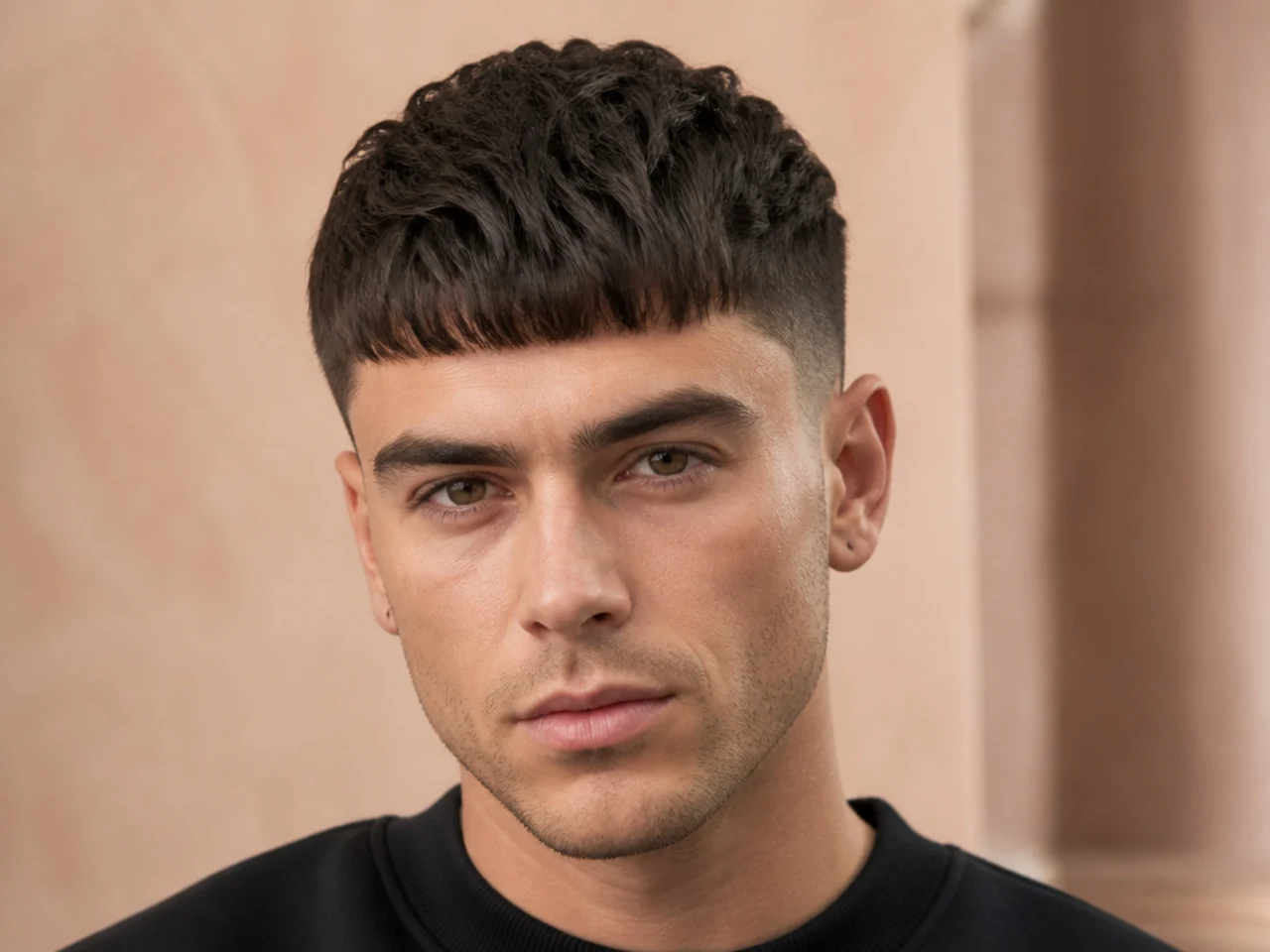 French crop with blunt straight fringe and mid fade on straight hair