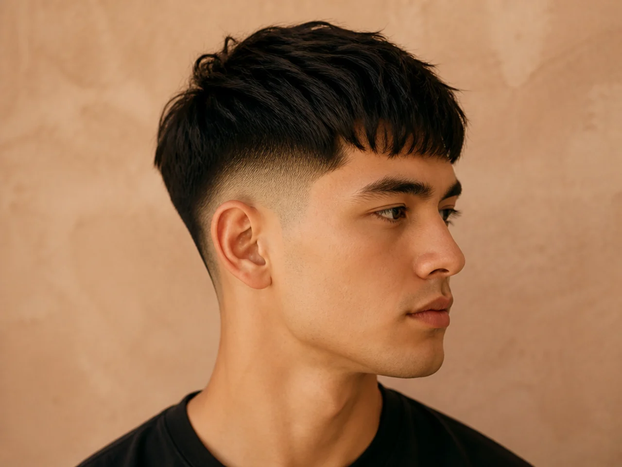 Textured crop with piecey top and low fade on straight hair