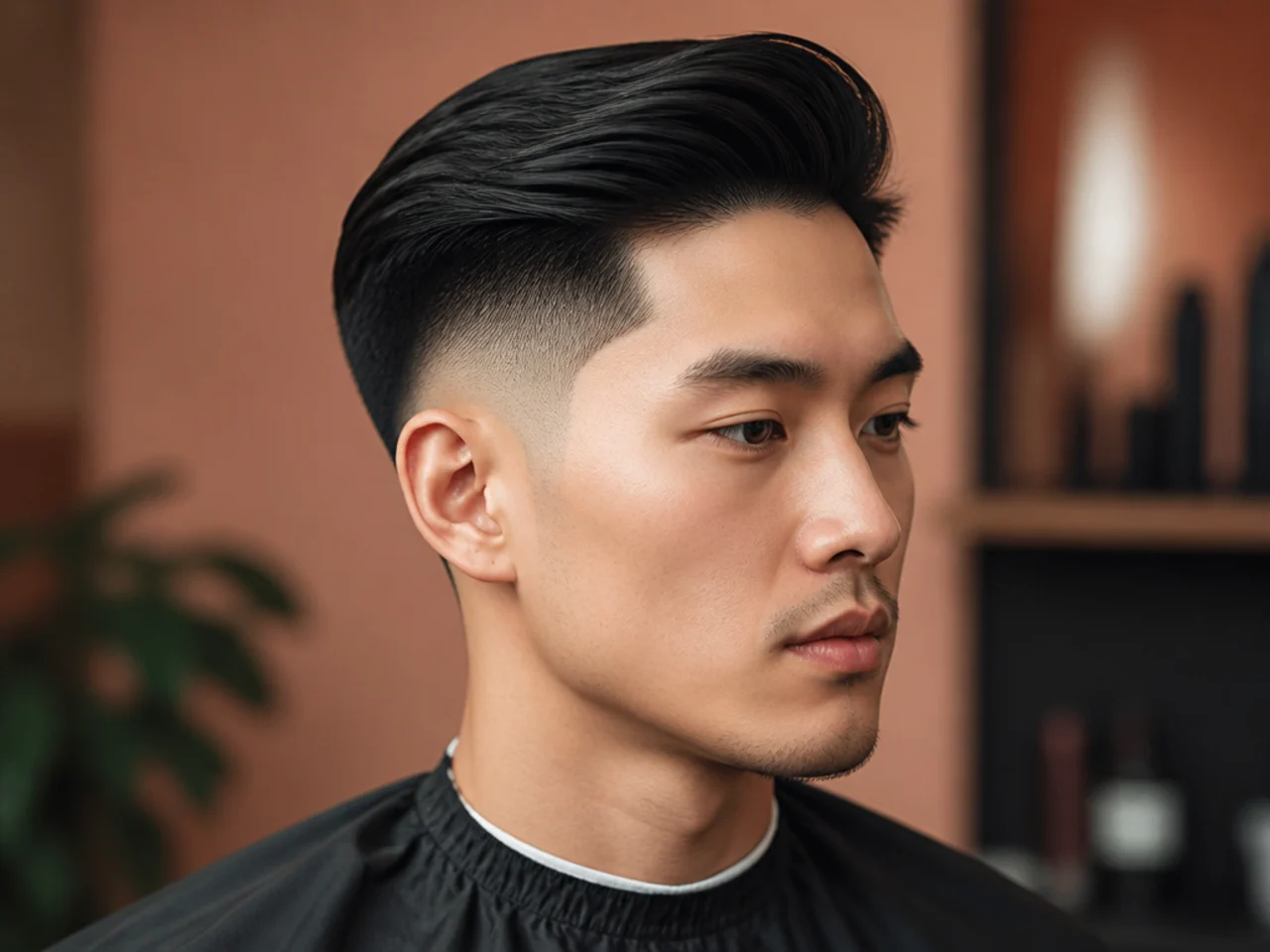 Modern comb over haircut with mid fade on straight hair