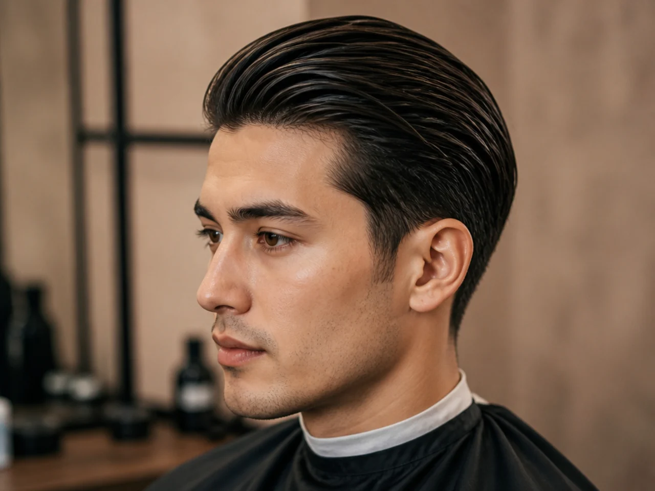 Old money slicked comb back with tapered sides on straight hair