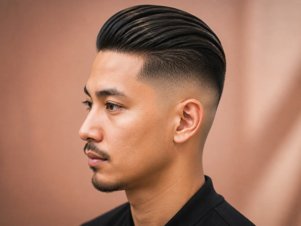 Classic slick back haircut with skin fade on straight hair