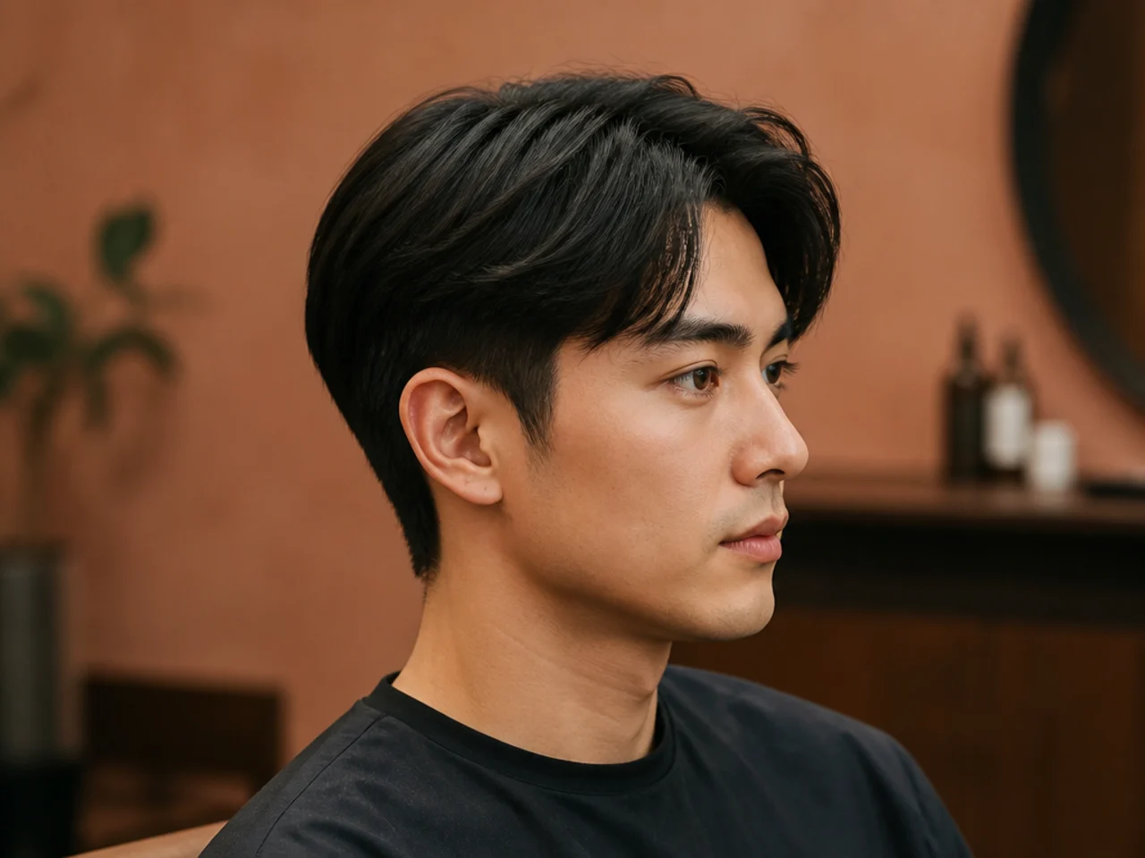 Client showing a phone reference photo to a barber before a straight-hair haircut