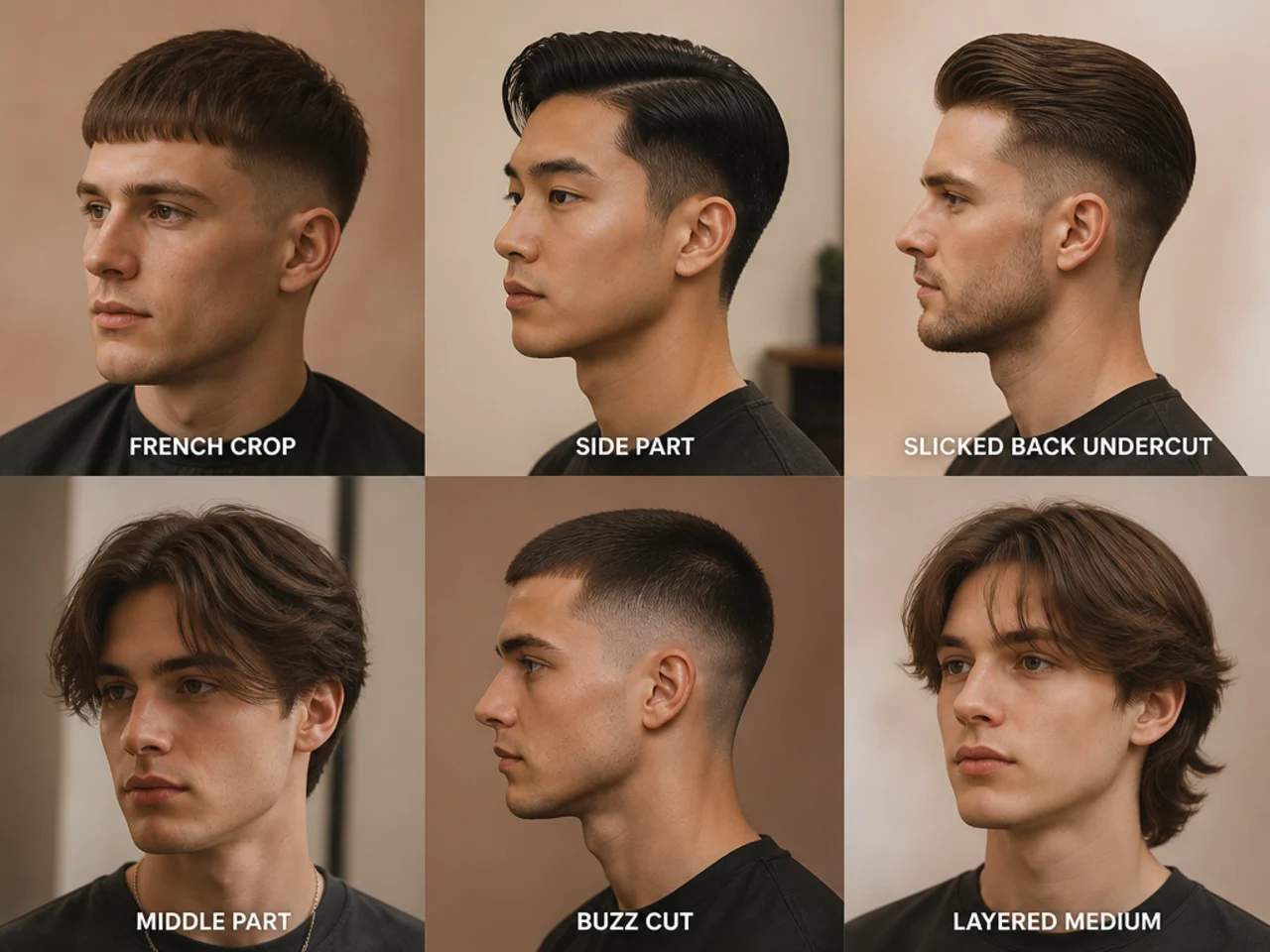 Three men side by side showing different straight-hair haircut ideas for different face shapes