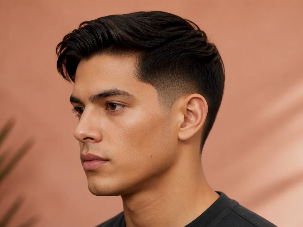 Side profile of a fresh straight-hair cut with a clean part and skin fade