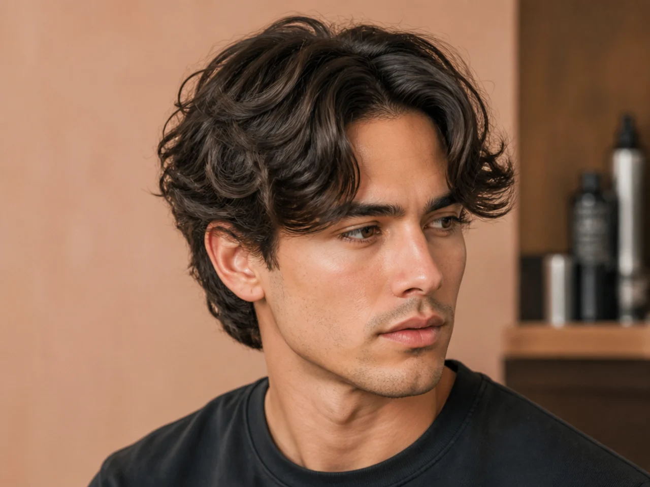 Curtain fringe on wavy hair with soft middle part