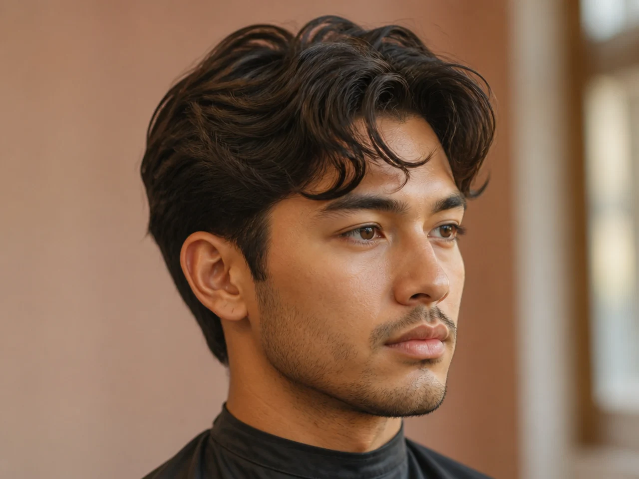 Comma hair on wavy hair with mid fade