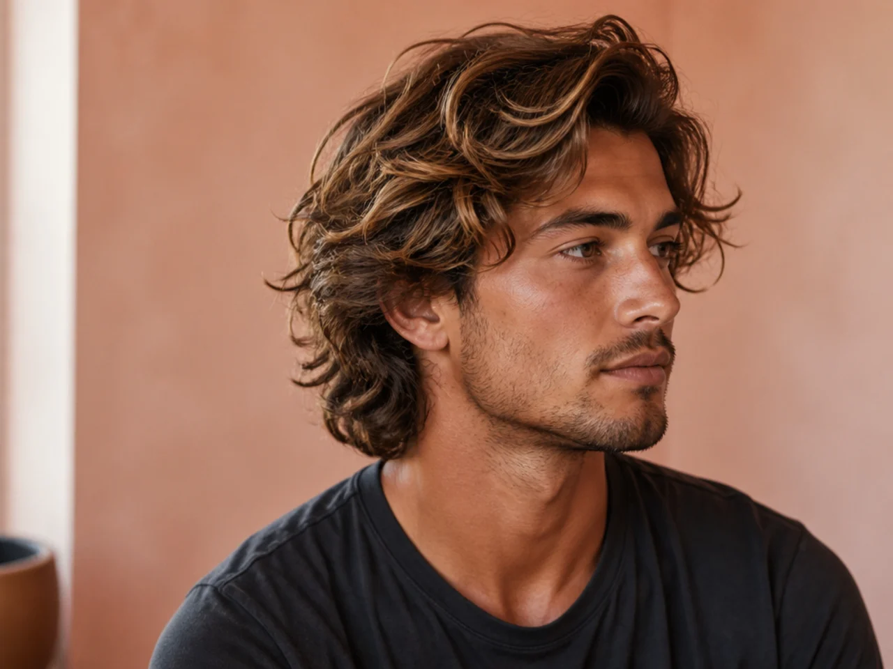 Surfer cut with sun-lightened wavy hair