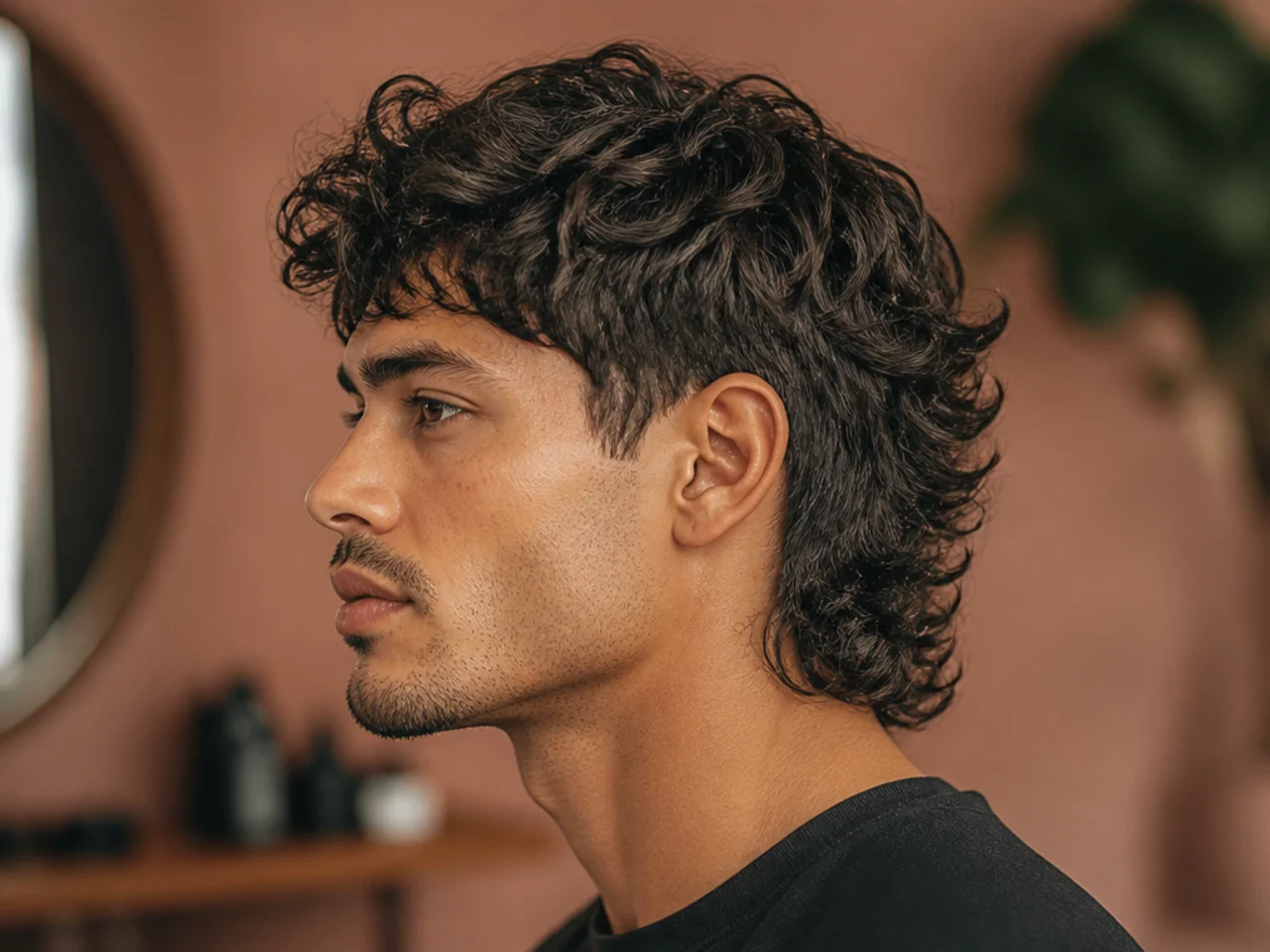 Modern mullet on wavy hair with low taper fade