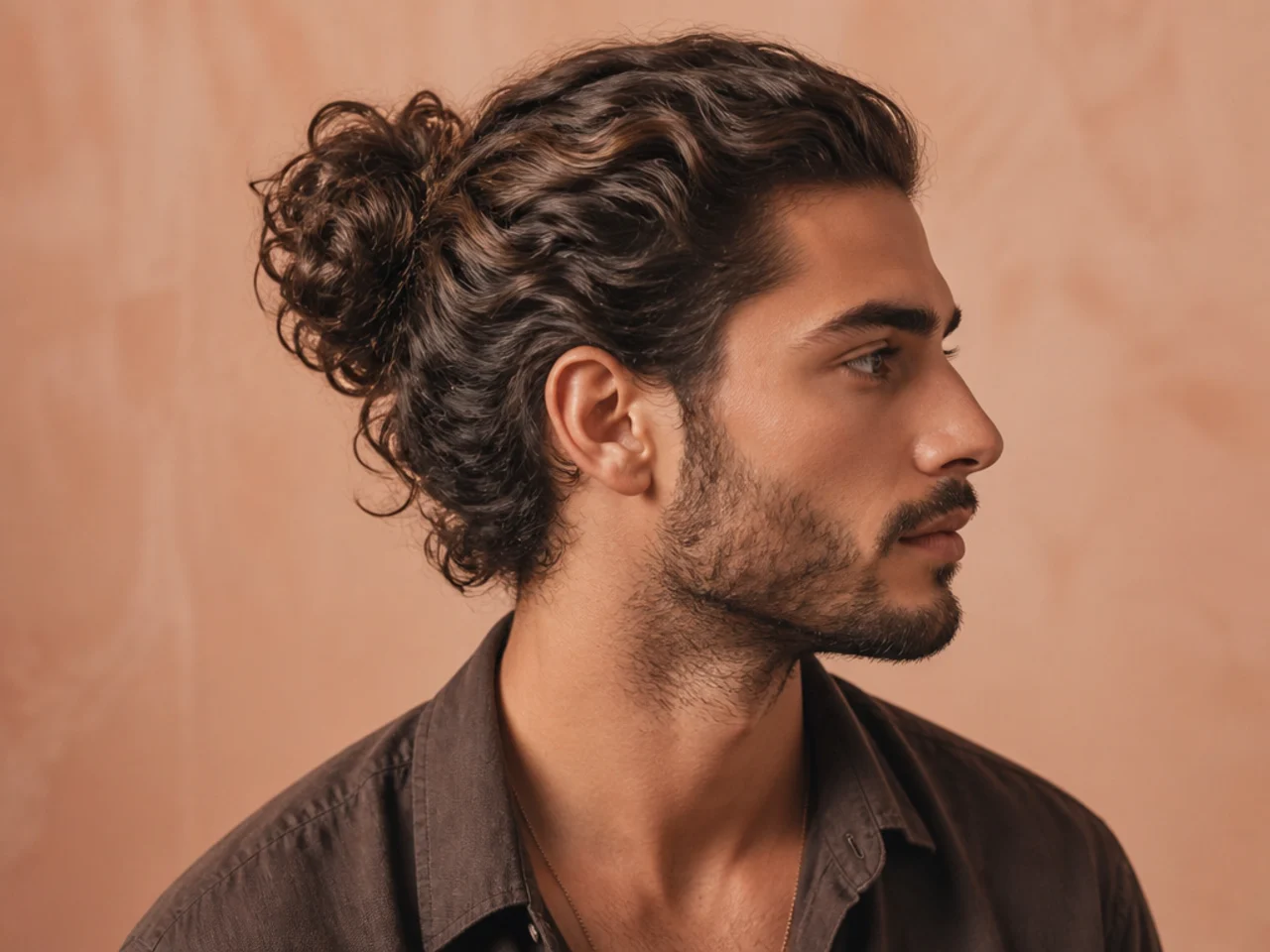 Wavy man bun with high skin fade sides