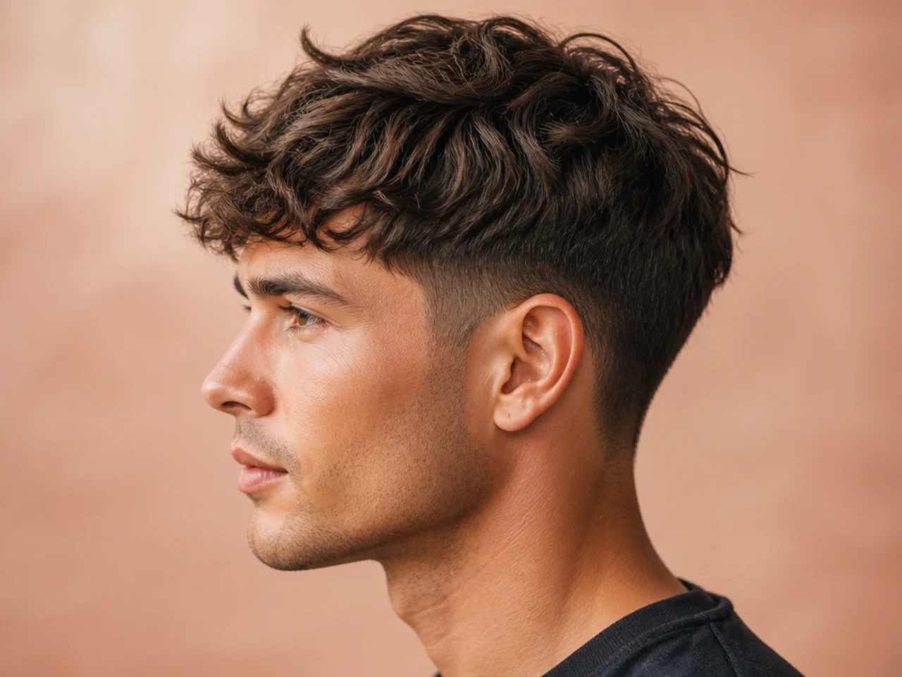 Textured crop with low taper fade on wavy hair