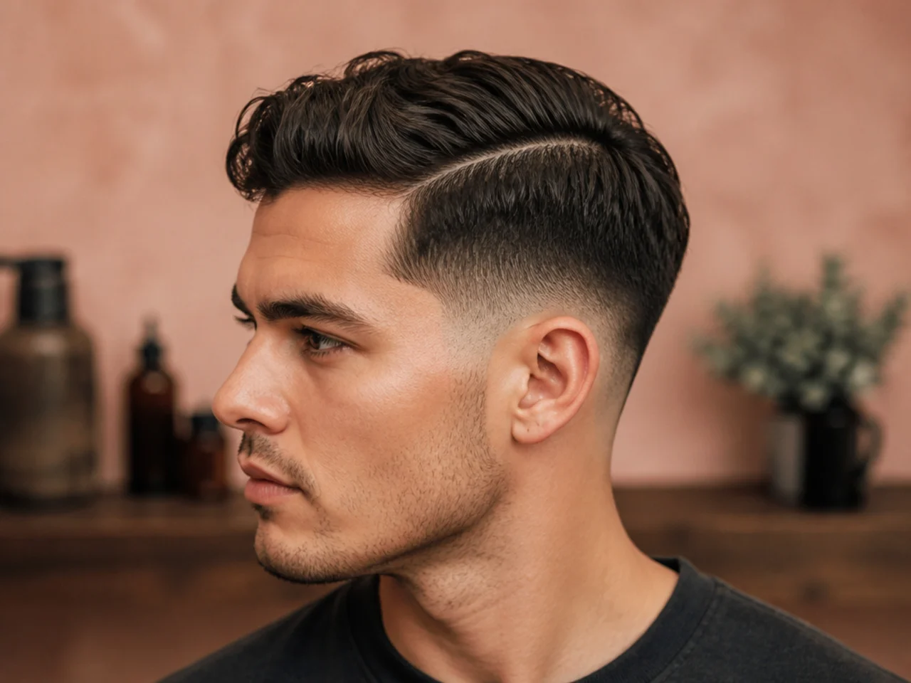 Short side part with low fade on wavy hair