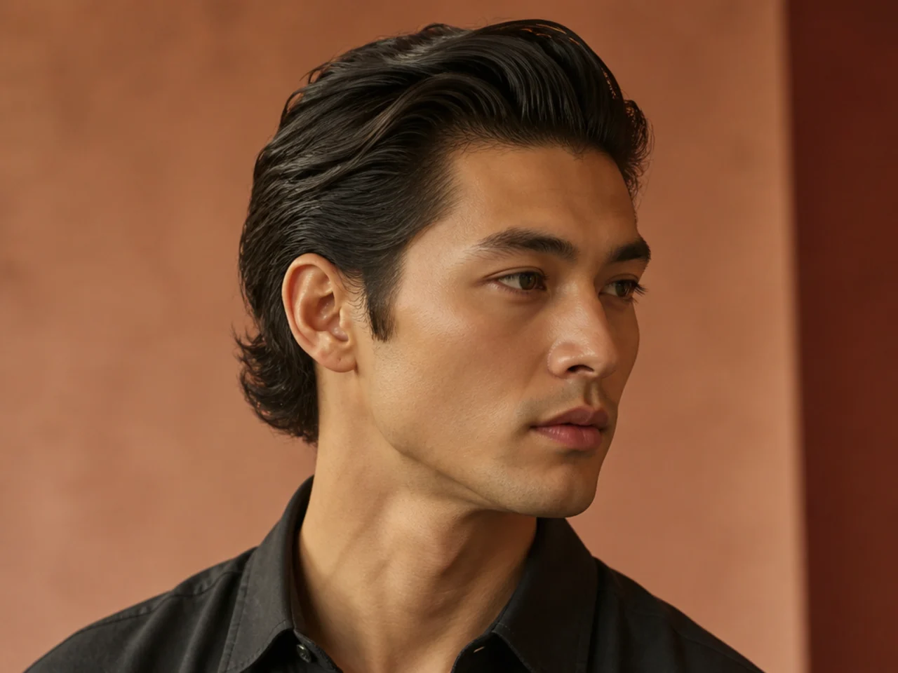 Classic slick back on wavy hair with mid fade