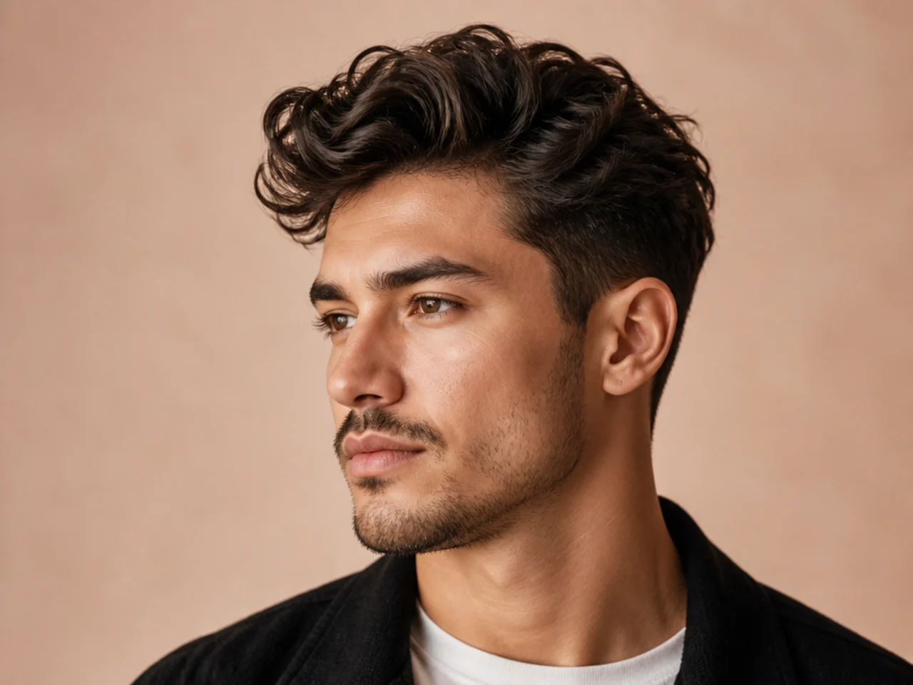 Loose short quiff on wavy hair with skin fade