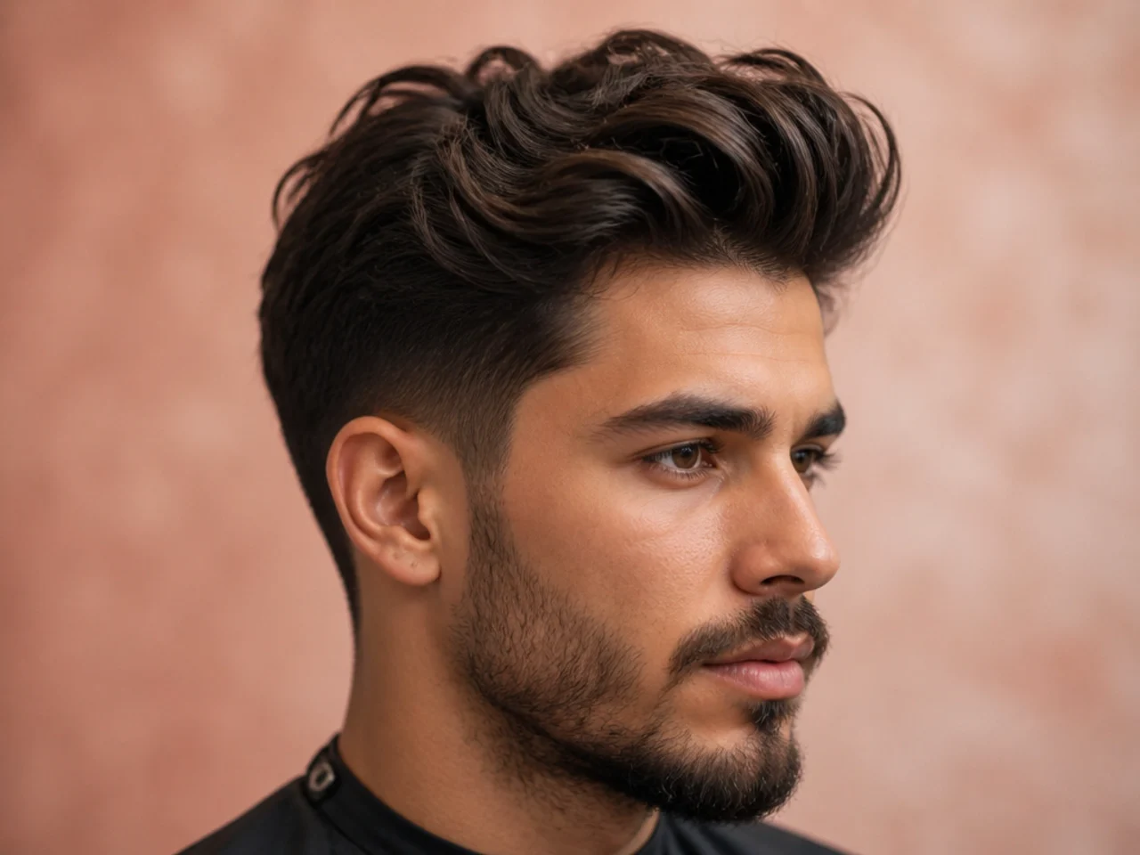 Textured pompadour on wavy hair with mid fade