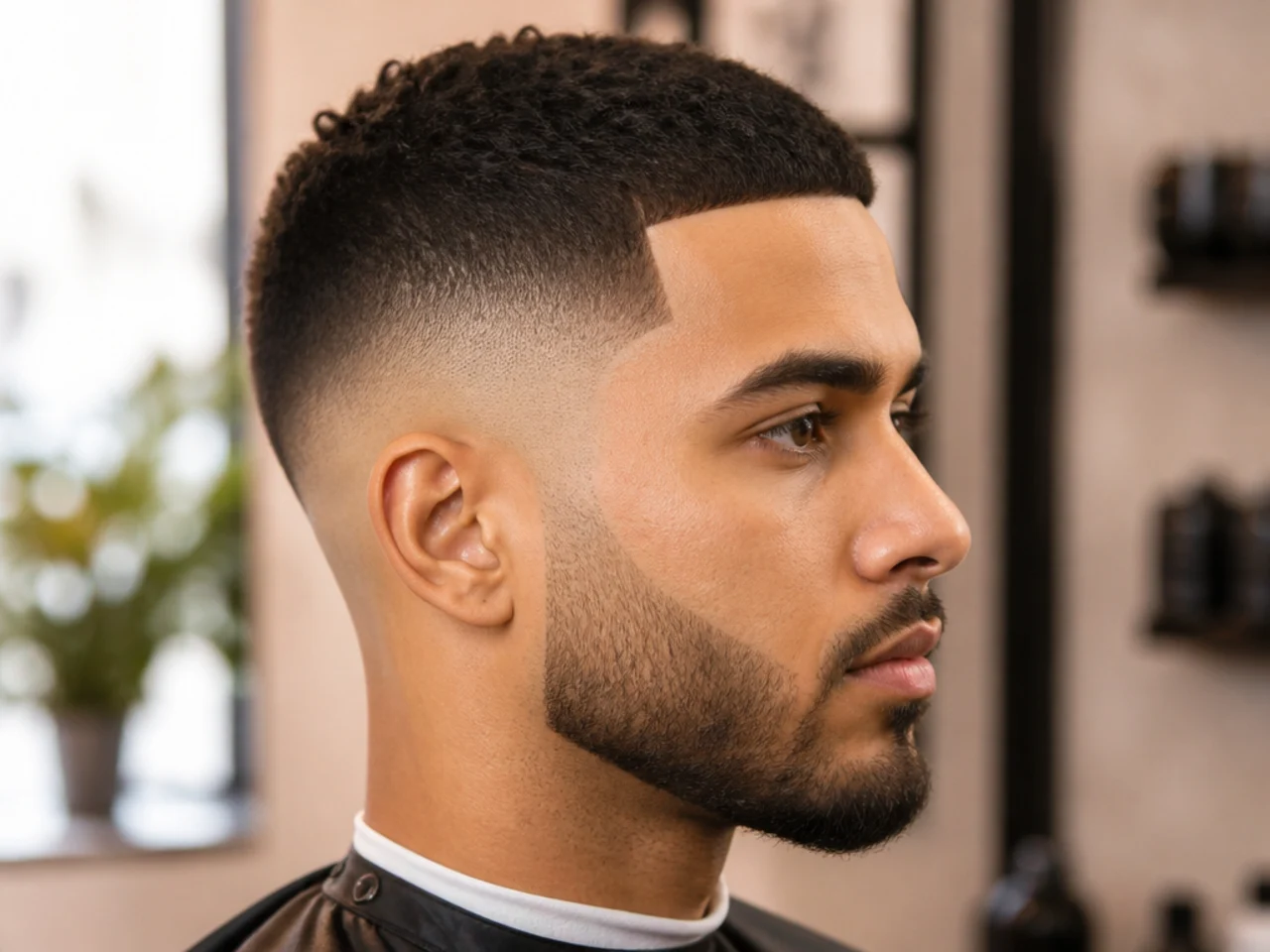 Bald skin fade with a hard razor line-up around the temples and hairline