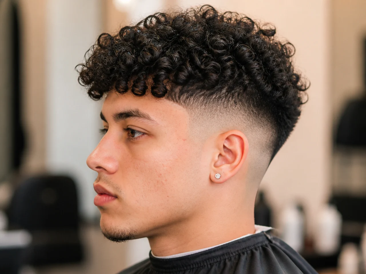 Broccoli cut with tight curls on top and a high skin fade