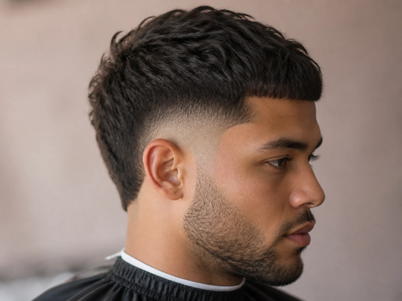 Burst fade radiating around the ear with a short textured top
