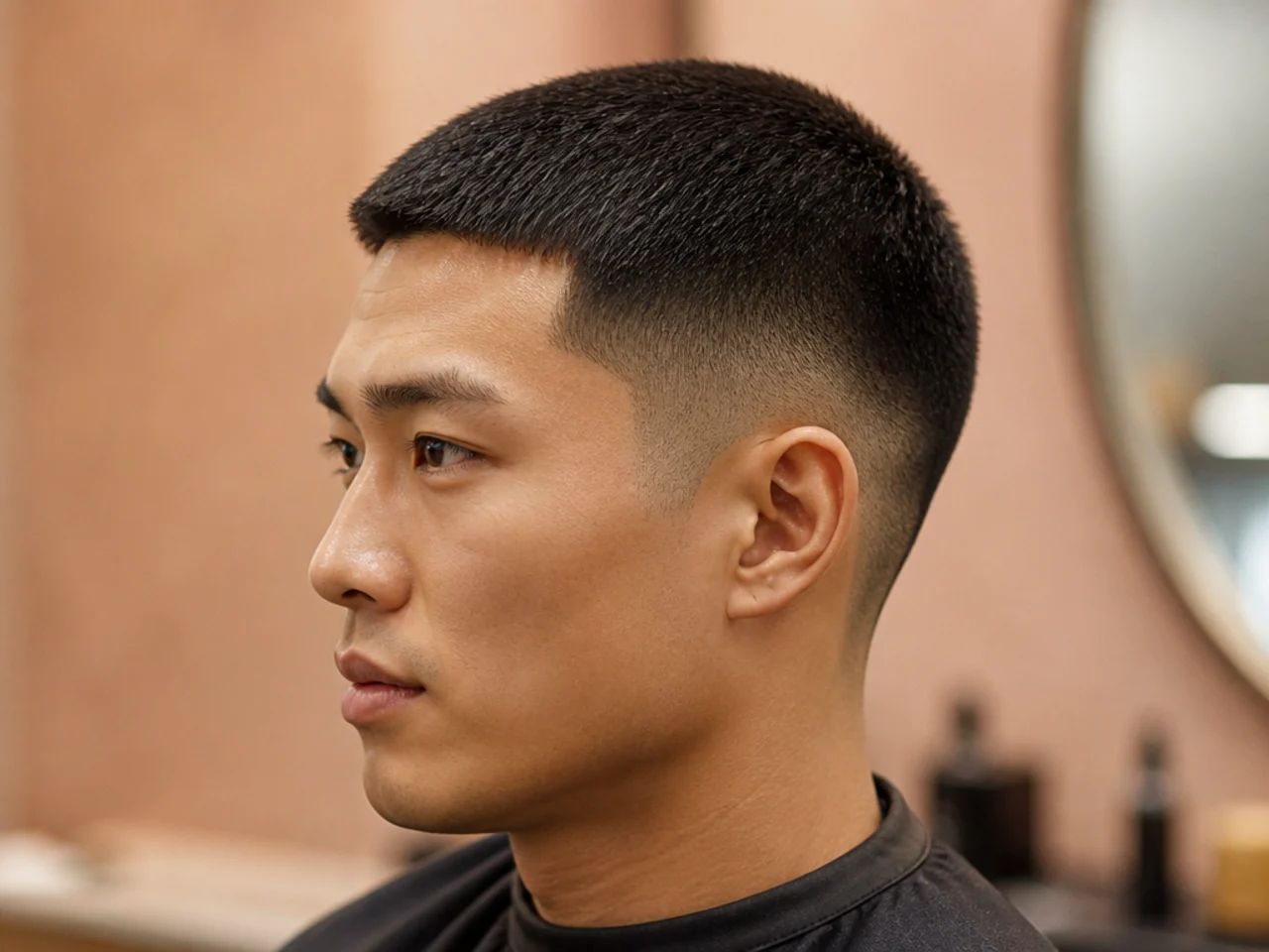 Butch cut with half-inch length on top and a low taper