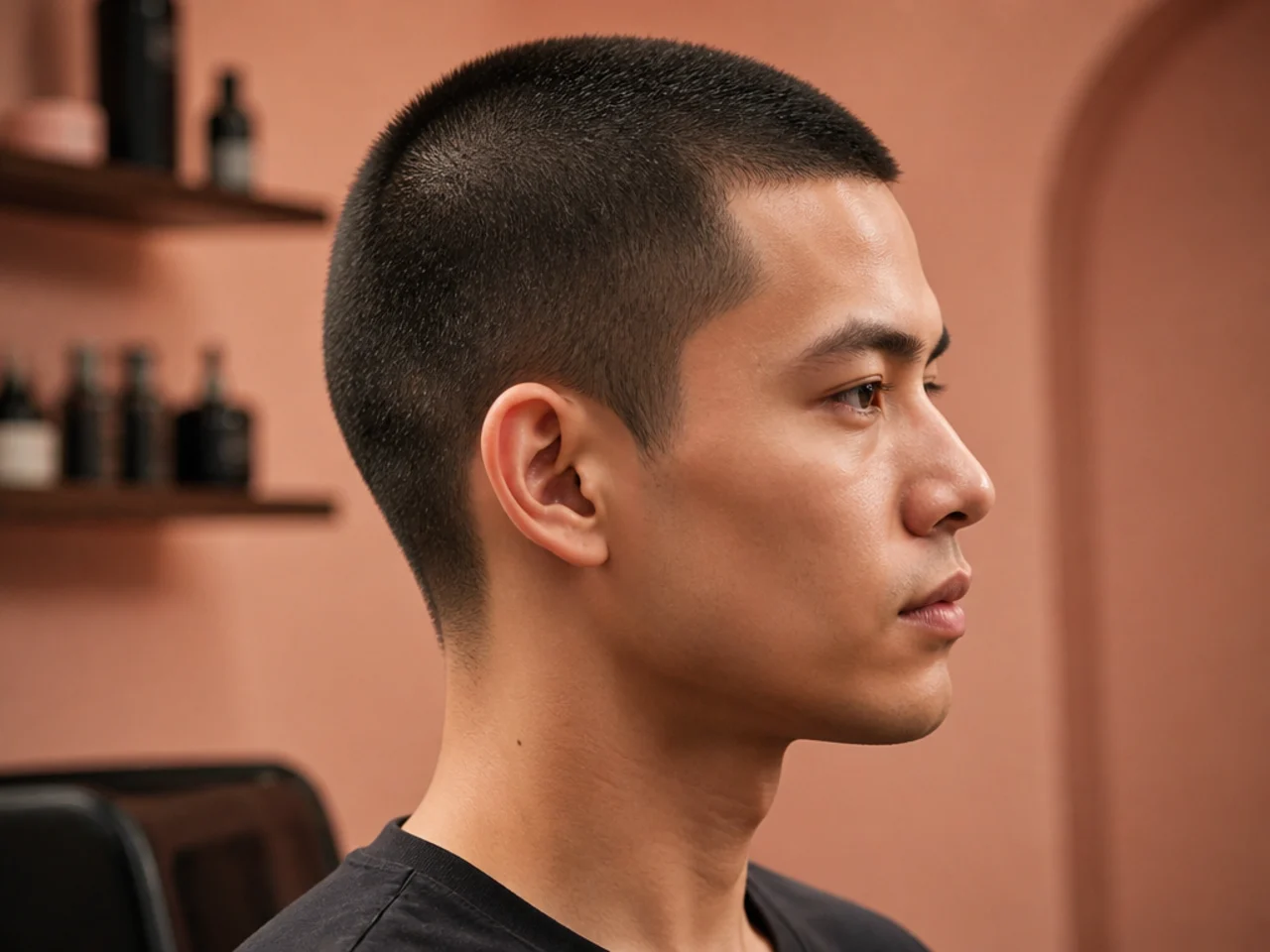 Number 2 buzz cut on straight dark hair with a clean neckline