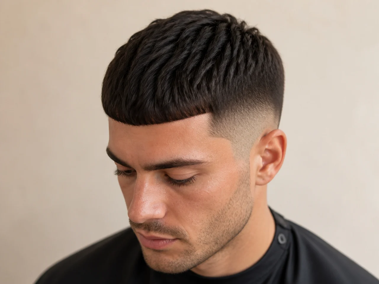 Caesar cut with a short forward fringe and softly rounded perimeter