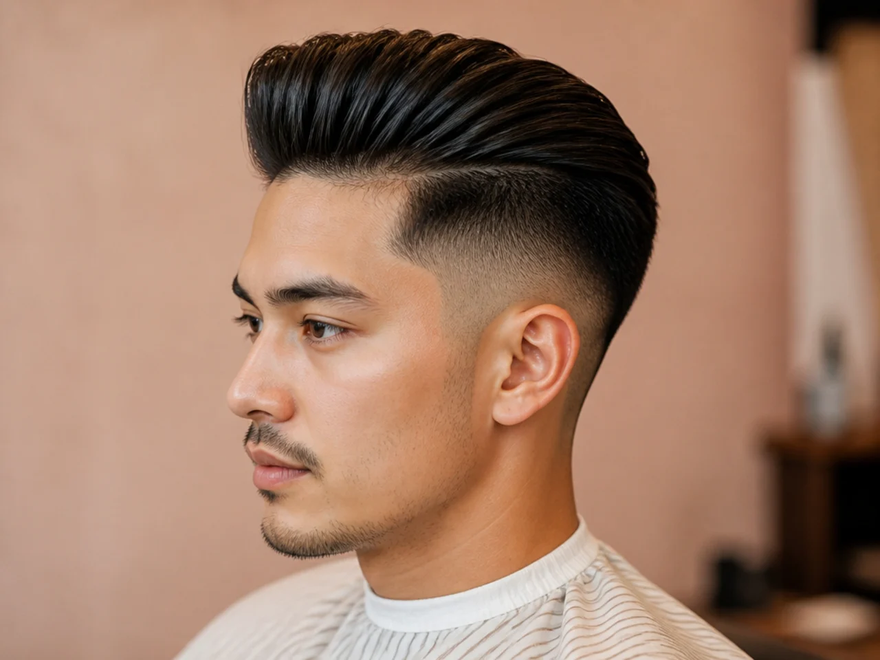 Classic pompadour with height at the front and tight faded sides