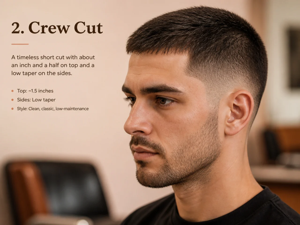 Crew cut with an inch and a half on top and a low taper on the sides