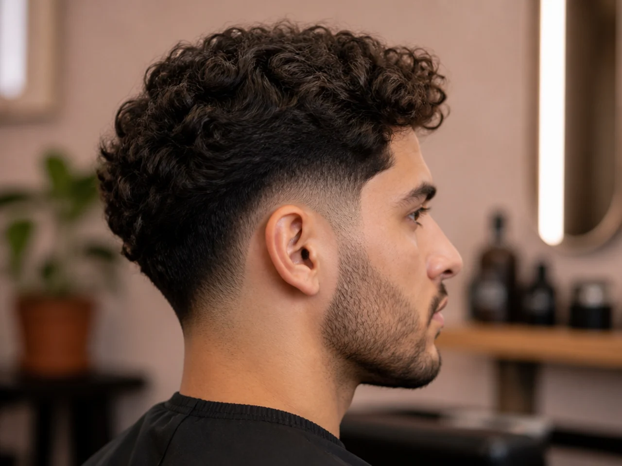 Drop fade arcing downward behind the ear on curly dark hair