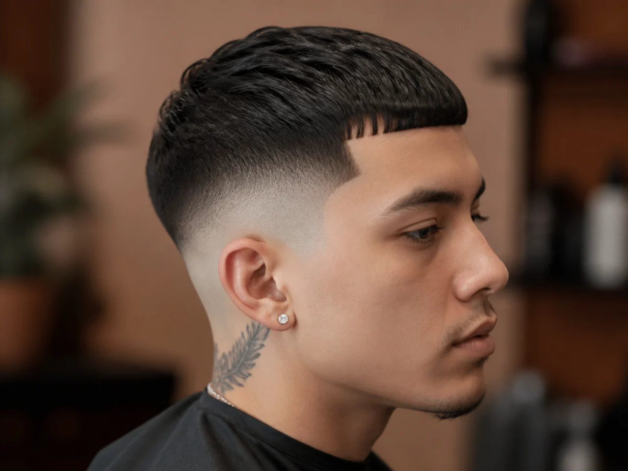 Edgar cut with a hard straight fringe line and skin fade
