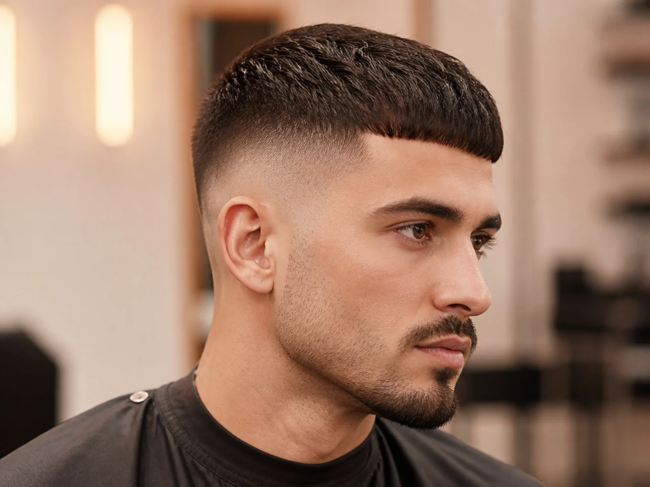 French crop with blunt horizontal fringe and a tight skin fade