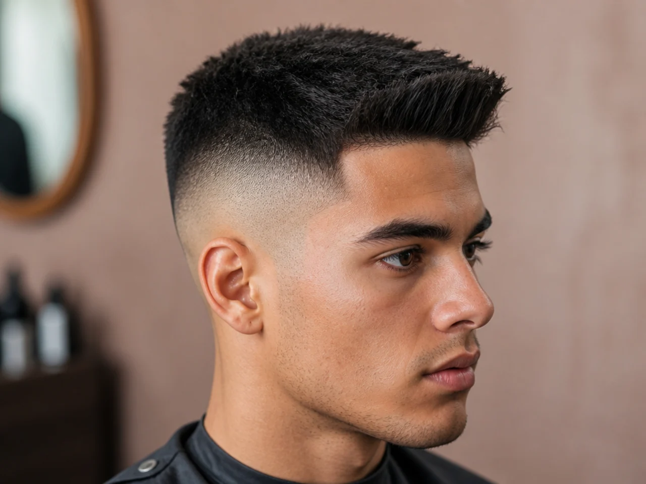 High skin fade with a blocky top pushed forward for volume