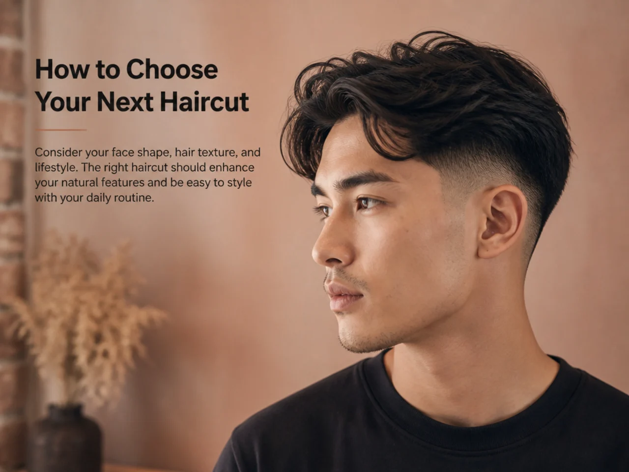 Barber consulting with a young male client in the mirror over a phone reference photo