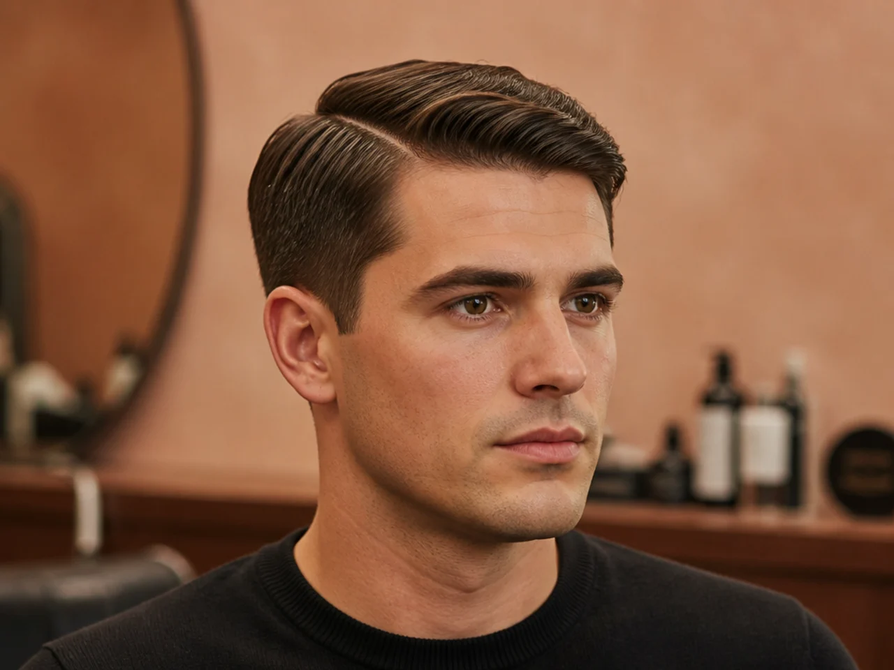 Ivy League haircut with two inches on top parted on the left