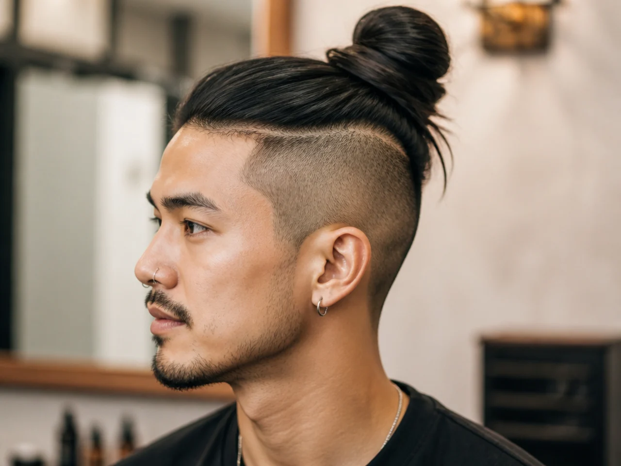 Long top knot pulled up from long hair on top over shaved sides