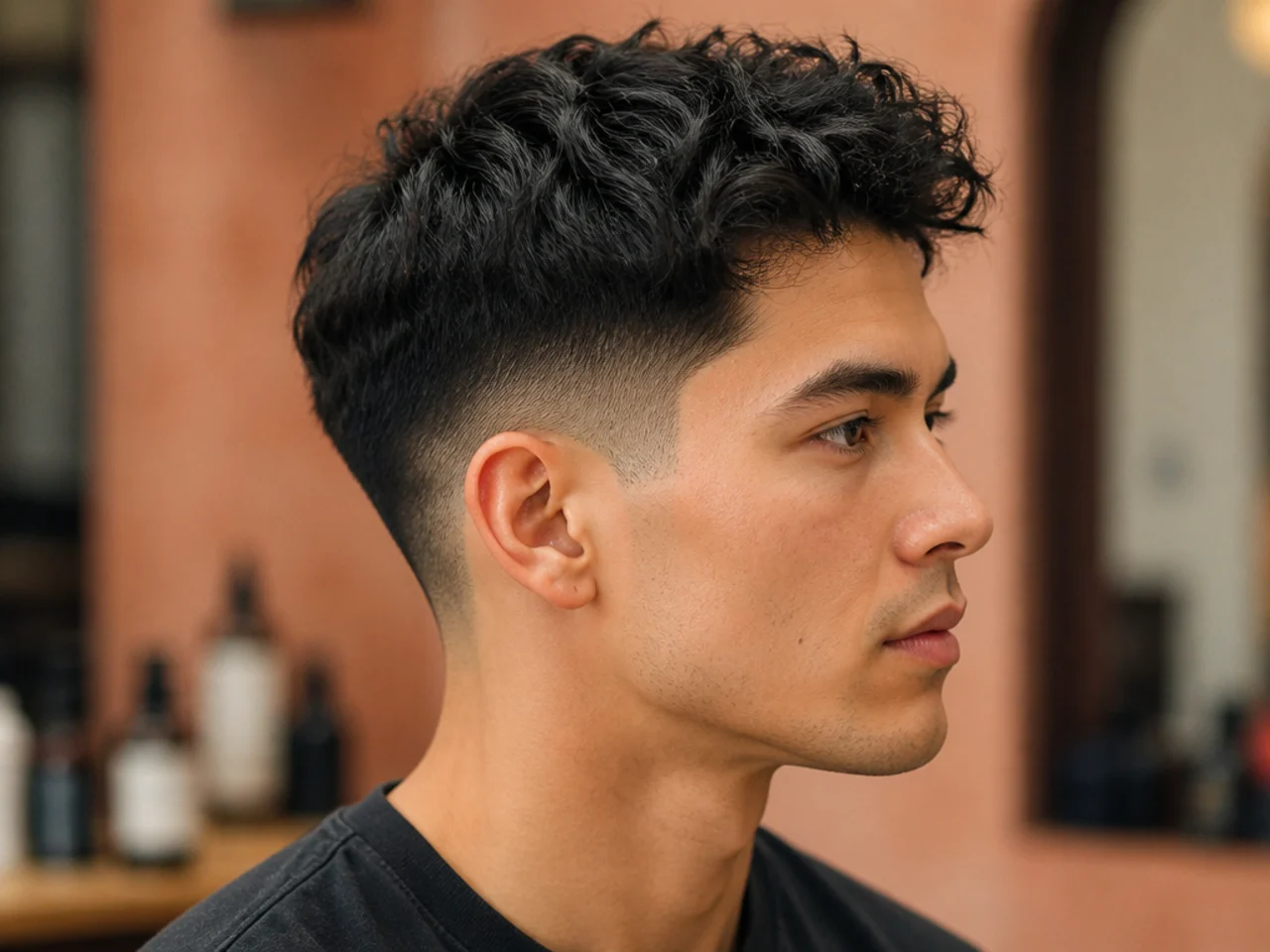 Low taper fade paired with a textured two-inch top on wavy dark hair