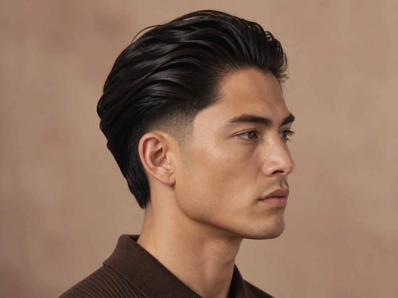 Medium-length matte slick back with a low fade