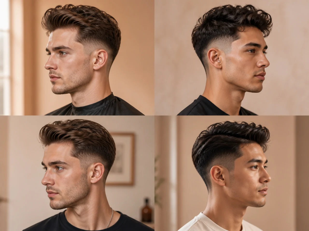 Mid fade with three inches of volume on top and a soft side sweep