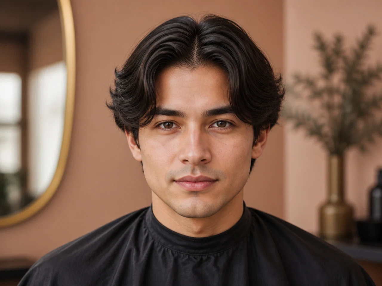 Middle part haircut with medium top flowing outward on both sides