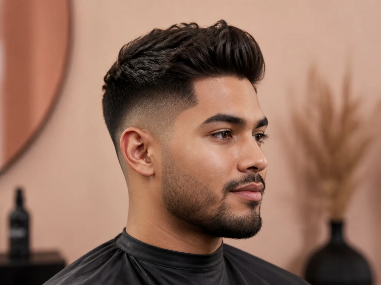 Modern matte quiff with lifted front and a mid fade