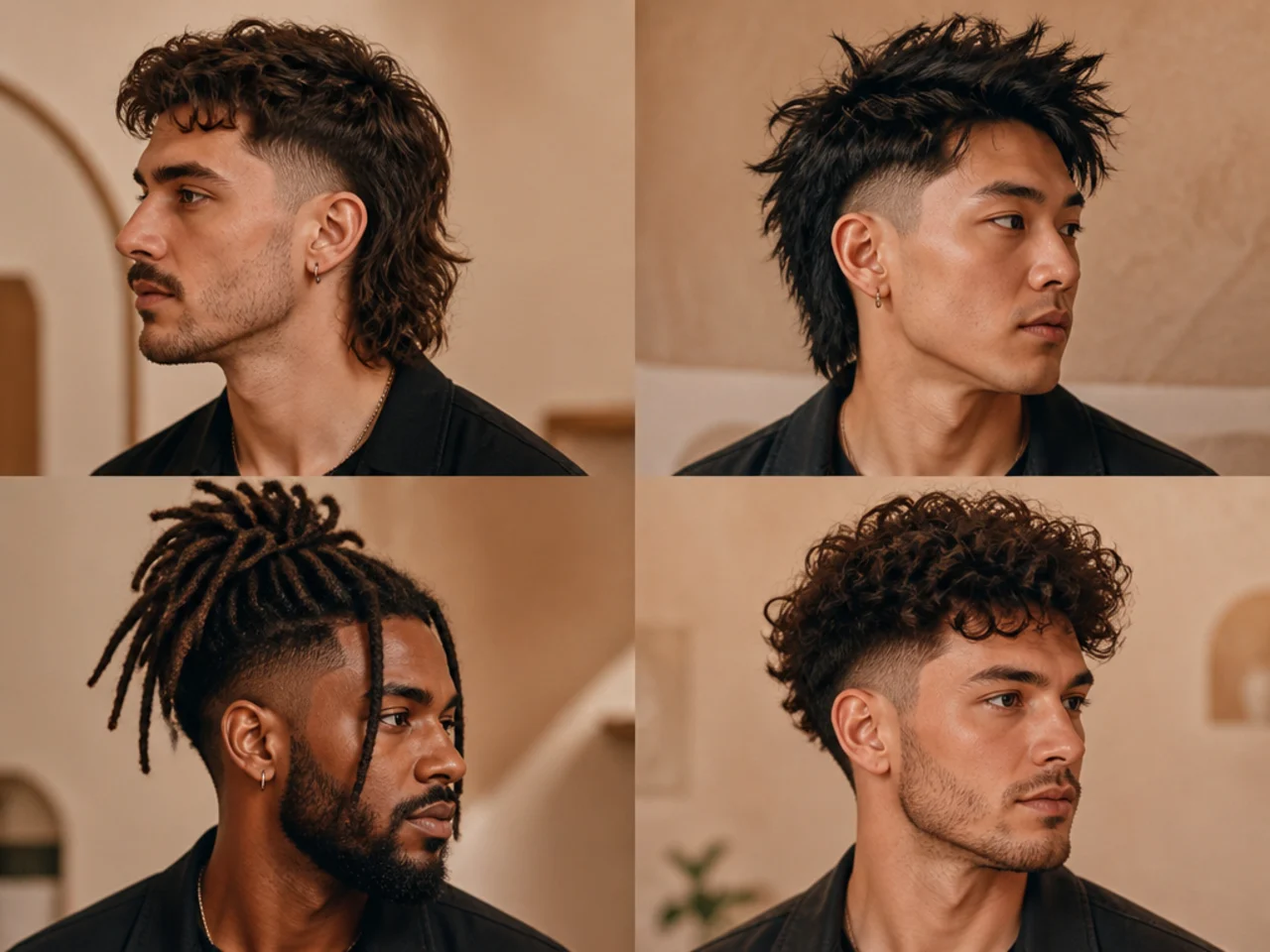 Six statement men's haircut ideas including modern mullet, wolf cut, and pompadour