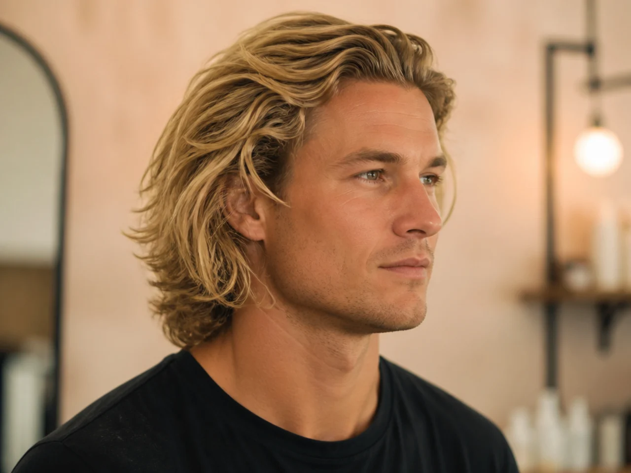 Surfer flow on wavy blond hair pushed back from the forehead