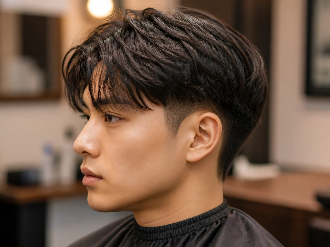 Korean two-block haircut with a hard ledge between short sides and a long top